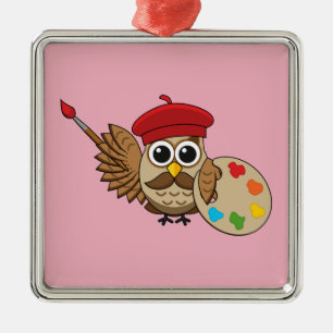 Cute Painter Uggla Tecknad Julgransprydnad Metall