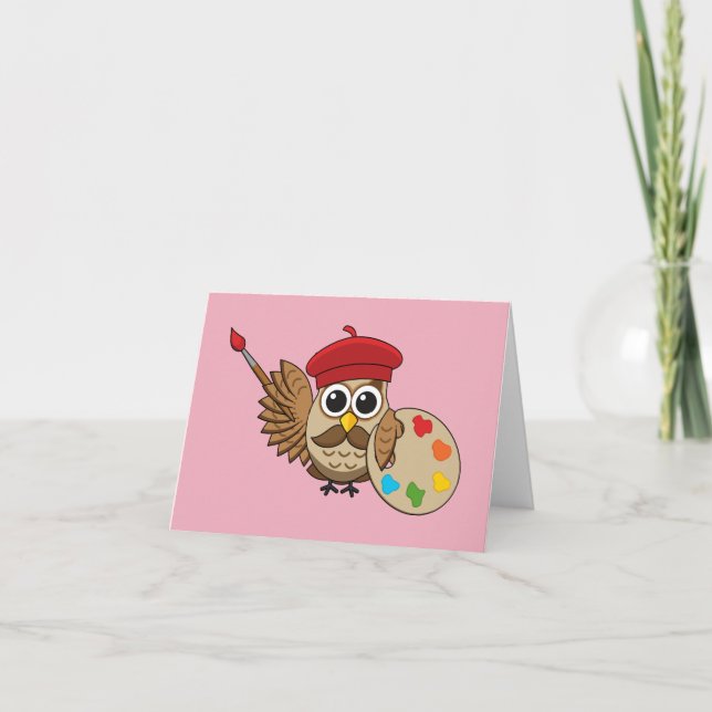 Cute Painter Uggla Tecknad | Lägg till egen text Kort (Framsida)