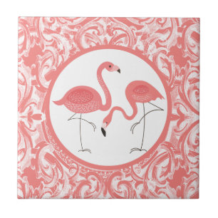 Cute Pair of Rosa Flamingos with Swirls Kakelplatta