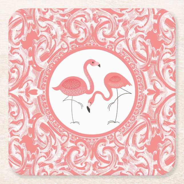 Cute Pair of Rosa Flamingos with Swirls Underlägg Papper Kvadrat (Framsidan)