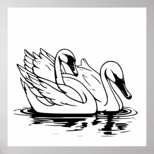 Cute Pair of White Svan Line Art Poster