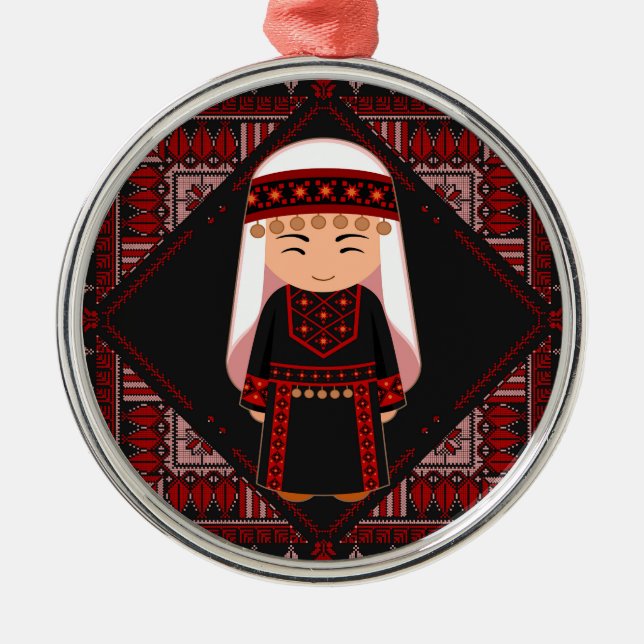 cute Palestinian girl Embroidery red tatreez   Julgransprydnad Metall (Framsidan)