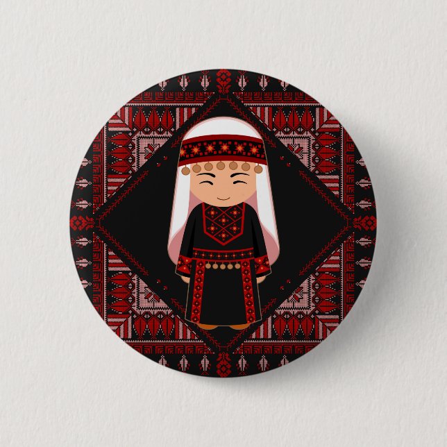 cute Palestinian girl Embroidery red tatreez   Knapp (Framsida)