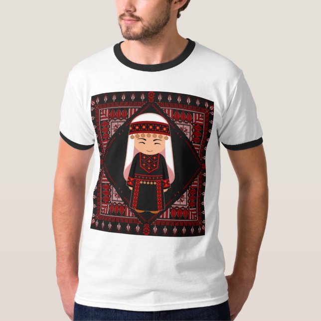 cute Palestinian girl Embroidery red tatreez   T Shirt (Framsida)