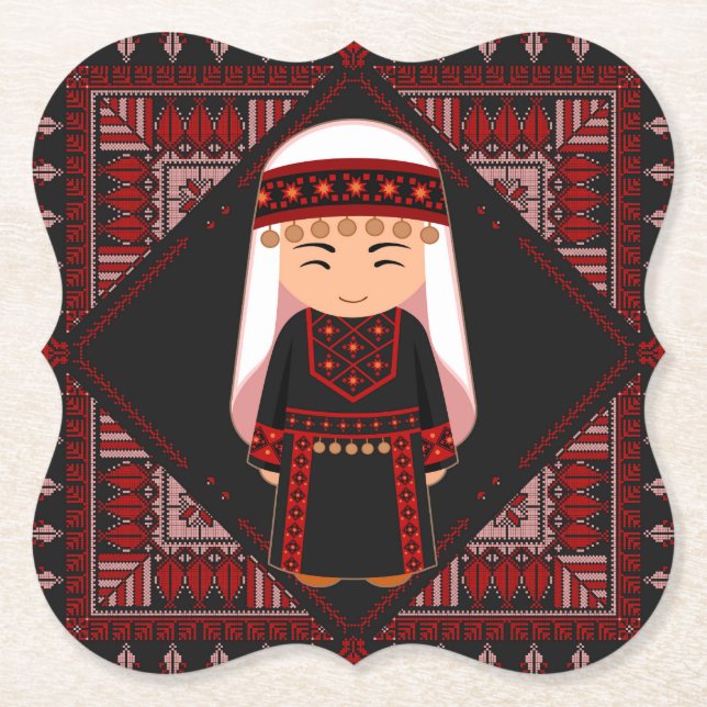 cute Palestinian girl Embroidery red tatreez   Underlägg Papper (Framsida)