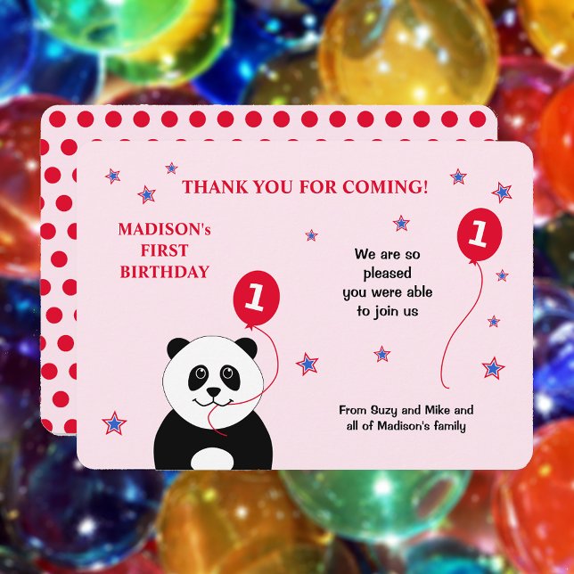 Cute panda 1 födelsedag party rosa tack du kort (Showing rounded corners option)