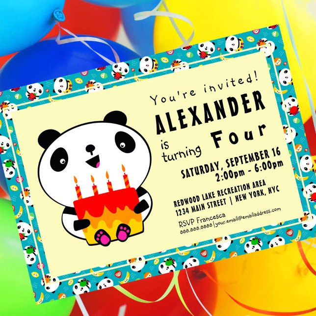 Cute Panda 4e födelsedagen Kids Party bjudan Inbjudningar (Skapare uppladdad)