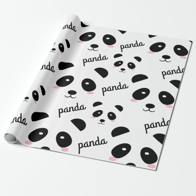 Cute Panda Ansikte Mönster Birthday White  Presentpapper (Utrullad)