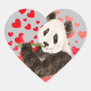 Cute Panda, Asian Bear, Watercolor Kärlek Hearts Hjärtformat Klistermärke