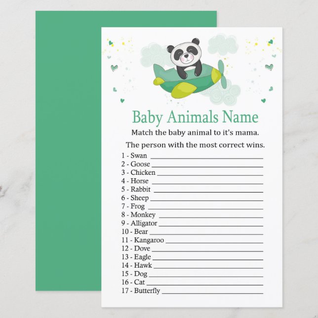 Cute panda Baby djur Namn Game (Fram/baksida)