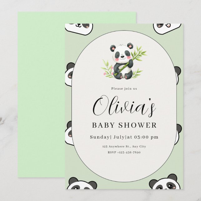 Cute Panda Baby Shower Green Botanical Panda Theme Inbjudningar (Fram/baksida)