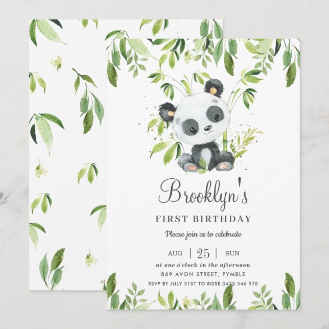 Cute Panda Bamboo Greenery 1:a födelsedagen Party Inbjudningar (Fram/baksida)