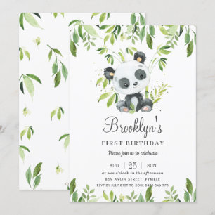 Cute Panda Bamboo Greenery 1:a födelsedagen Party Inbjudningar