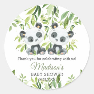 Cute Panda Bamboo Greenery Twillingars Baby Shower Runt Klistermärke