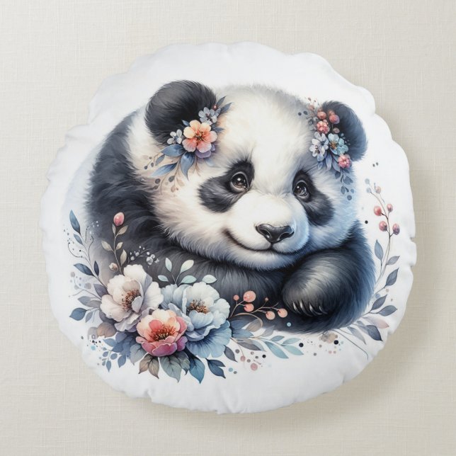Cute Panda Bear and Flowers Rund Kudde (Framsidan)