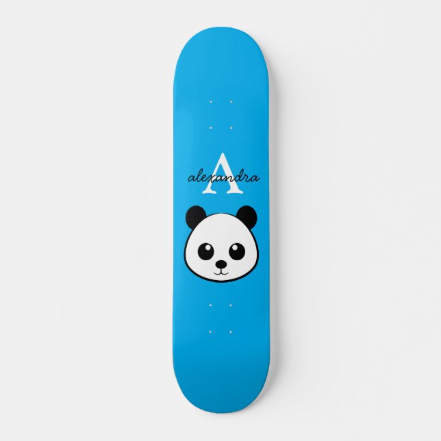 Cute Panda Bear Anpassningsbar Monogram Blue Backg Mini Skateboard Bräda 18,5 Cm (Framsida)