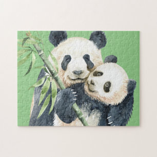 Cute Panda Bear & Baby Watercolor Pussel