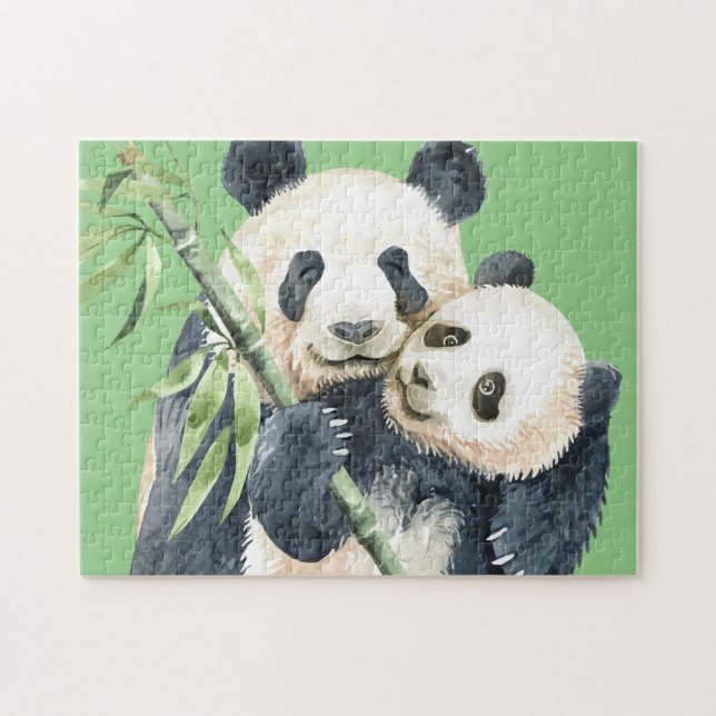 Cute Panda Bear & Baby Watercolor Pussel (Horisontell)