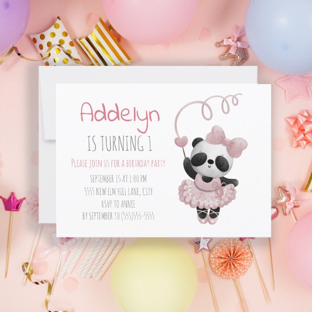 Cute Panda Bear Ballerina Girl's 1a Birthday Inbjudningar (Skapare uppladdad)
