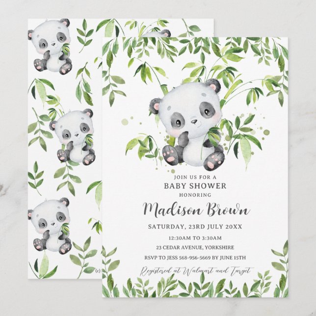 Cute Panda Bear Bamboo Greenery Baby Shower Inbjudningar (Fram/baksida)