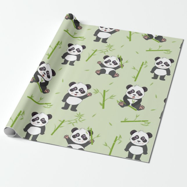 Cute Panda Bear Bamboo Kawaii Animals Pattern Presentpapper (Utrullad)