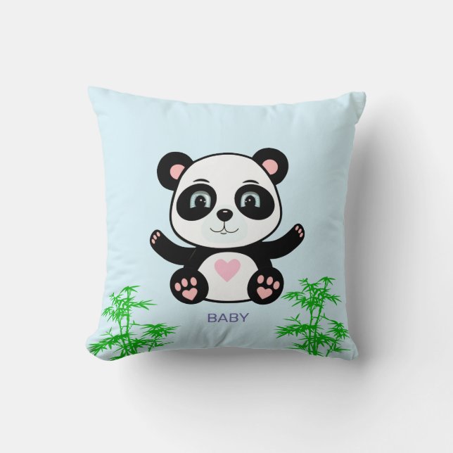 Cute Panda Bear & Bamboo on Light Blue Kudde (Framsida)