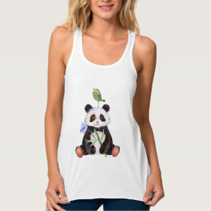 Cute Panda Bear & Bird Watercolor Linne Med Racerback
