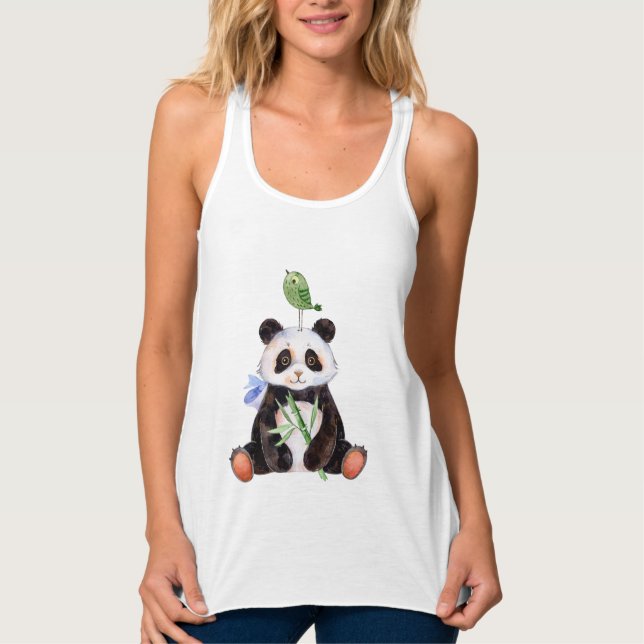 Cute Panda Bear & Bird Watercolor Linne Med Racerback (Framsida)