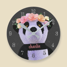 Cute Panda Bear Black and White Rustic Clock