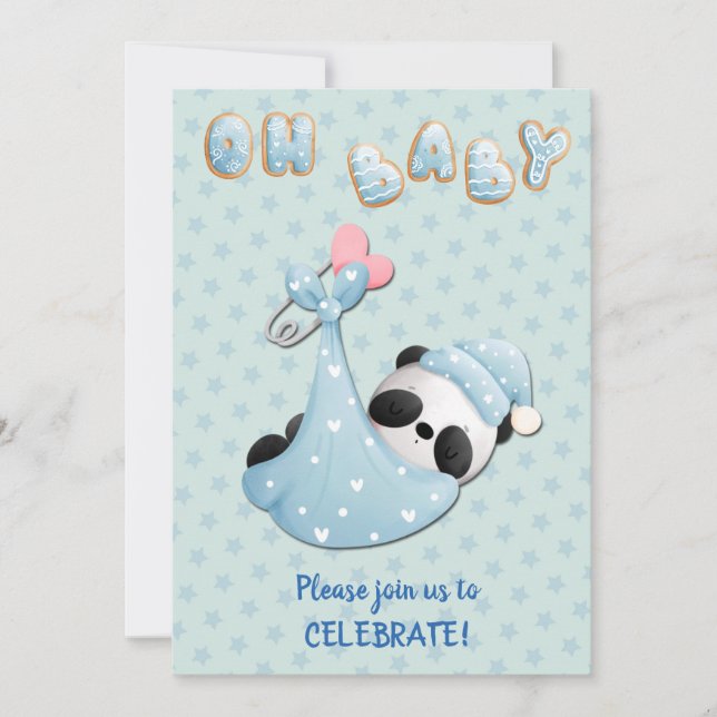 Cute Panda Bear Boy Shower Inbjudningar (Framsida)
