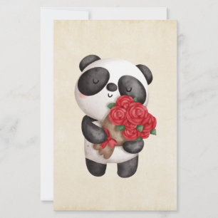 Cute Panda Bear Carrying Bouquet of Ro