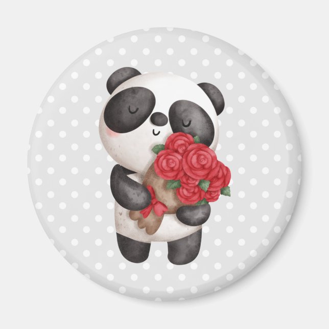 Cute Panda Bear Carrying Bouquet of Ro Magnet (Framsidan)