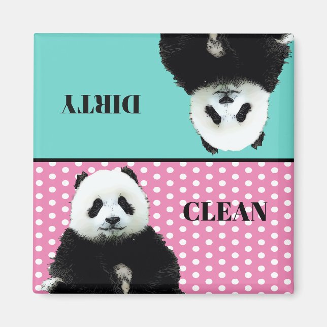 Cute Panda Bear Clean Dirty Blue Rosa Dishwasher Magnet (Framsidan)