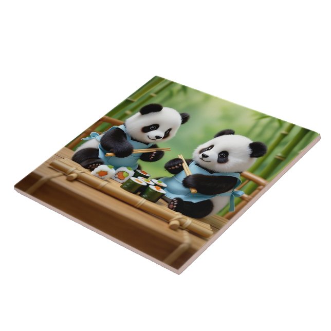Cute Panda Bear Cubs Preparing Sushi Kakelplatta (Sidan)