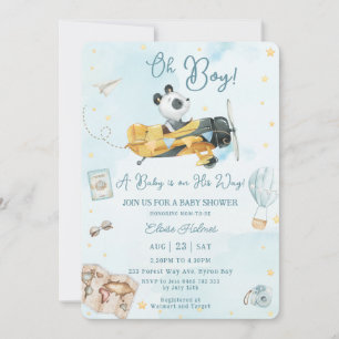 Cute Panda Bear Flygplan Äventyr Oh Boy Baby Showe Inbjudningar