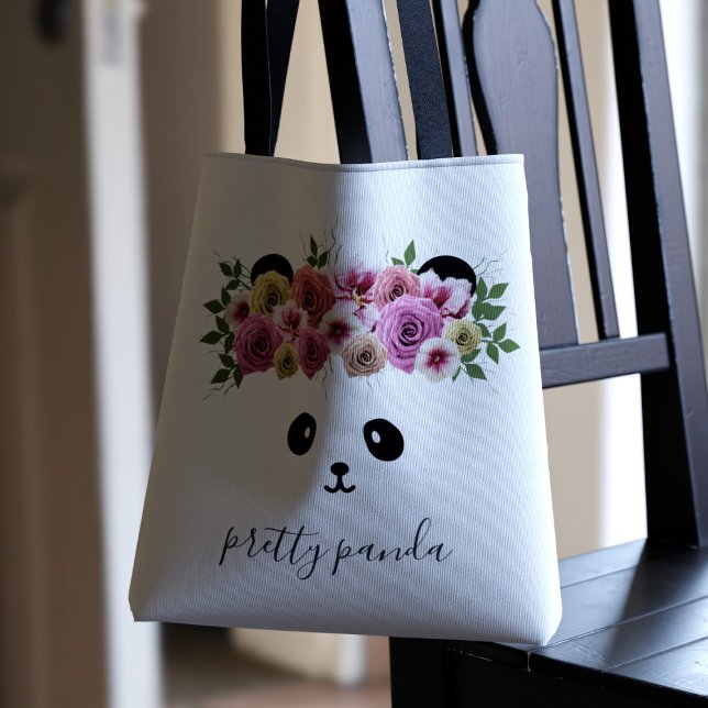 Cute Panda Bear Girl White Personlig Tote Bag Tygkasse (A pretty panda bear with flowers in her hair. Just add your name)
