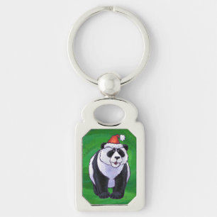 Cute Panda Bear i Santa Hat på Grönt Rektangulärt Silverfärgad Nyckelring