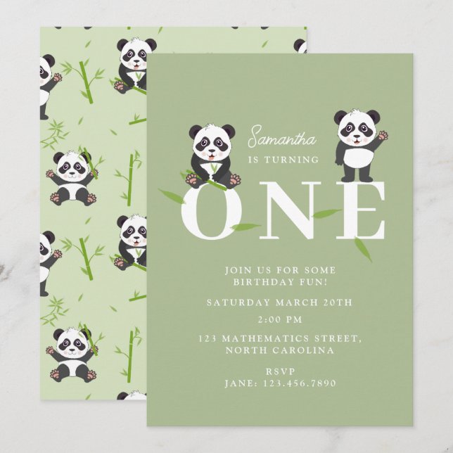 Cute Panda Bear Kawaii Kids First One Birthday Inbjudningar (Fram/baksida)