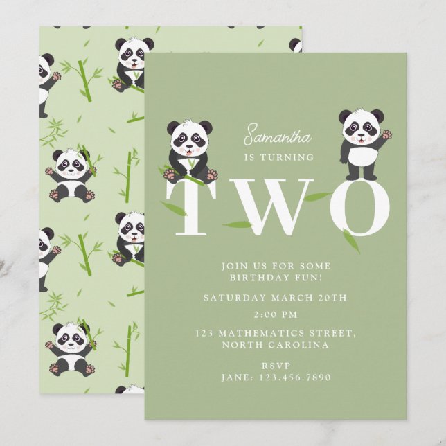 Cute Panda Bear Kawaii Kids Two 2 Birthday Inbjudningar (Fram/baksida)