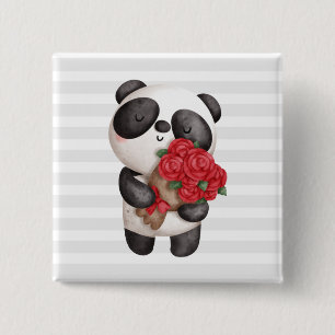 Cute Panda Bear med Bukett med rosor Knapp