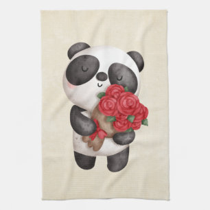 Cute Panda Bear med Bukett med rosor Kökshandduk