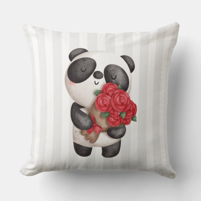 Cute Panda Bear med Bukett med rosor Kudde (Framsida)