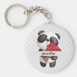 Cute Panda Bear med Bukett med rosor Nyckelring