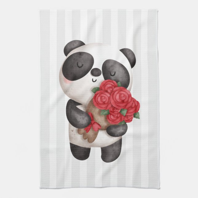 Cute Panda Bear med Bukett med rosor på Rand Kökshandduk (Vertikal)