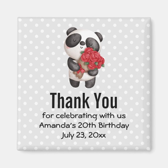 Cute Panda Bear med Bukett med rosor Party Tack Magnet (Framsidan)
