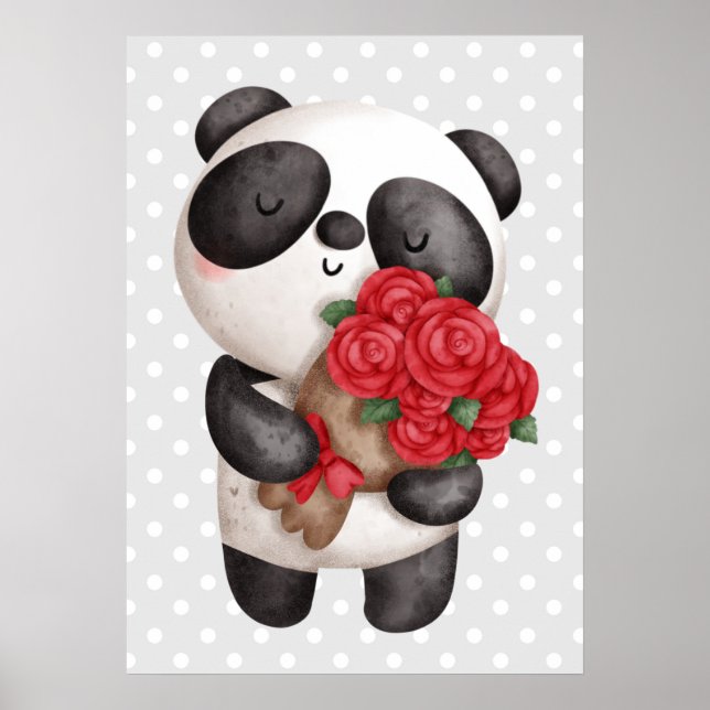 Cute Panda Bear med Bukett med rosor Poster (Framsidan)