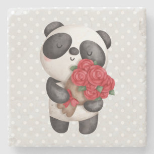Cute Panda Bear med Bukett med rosor Stenunderlägg