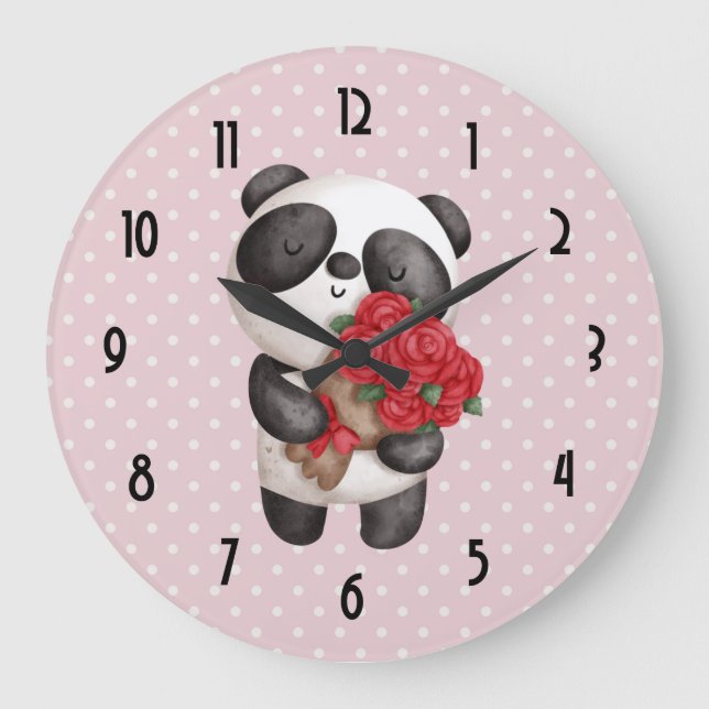 Cute Panda Bear med Bukett med rosor Stor Klocka (Framsida)