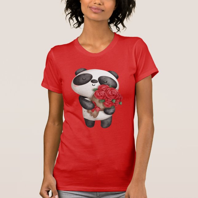Cute Panda Bear med Bukett med rosor T Shirt (Framsida)
