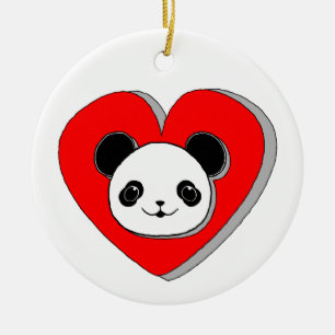 Cute Panda Bear och Red Heart Teckning Julgransprydnad Keramik